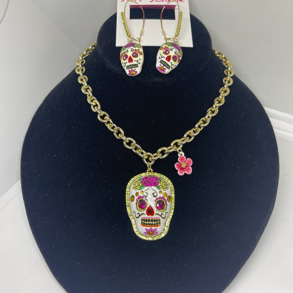Betsey Johnson Sugar Skull Pendant Necklace and Drop Dangle Earrings Bundle $98